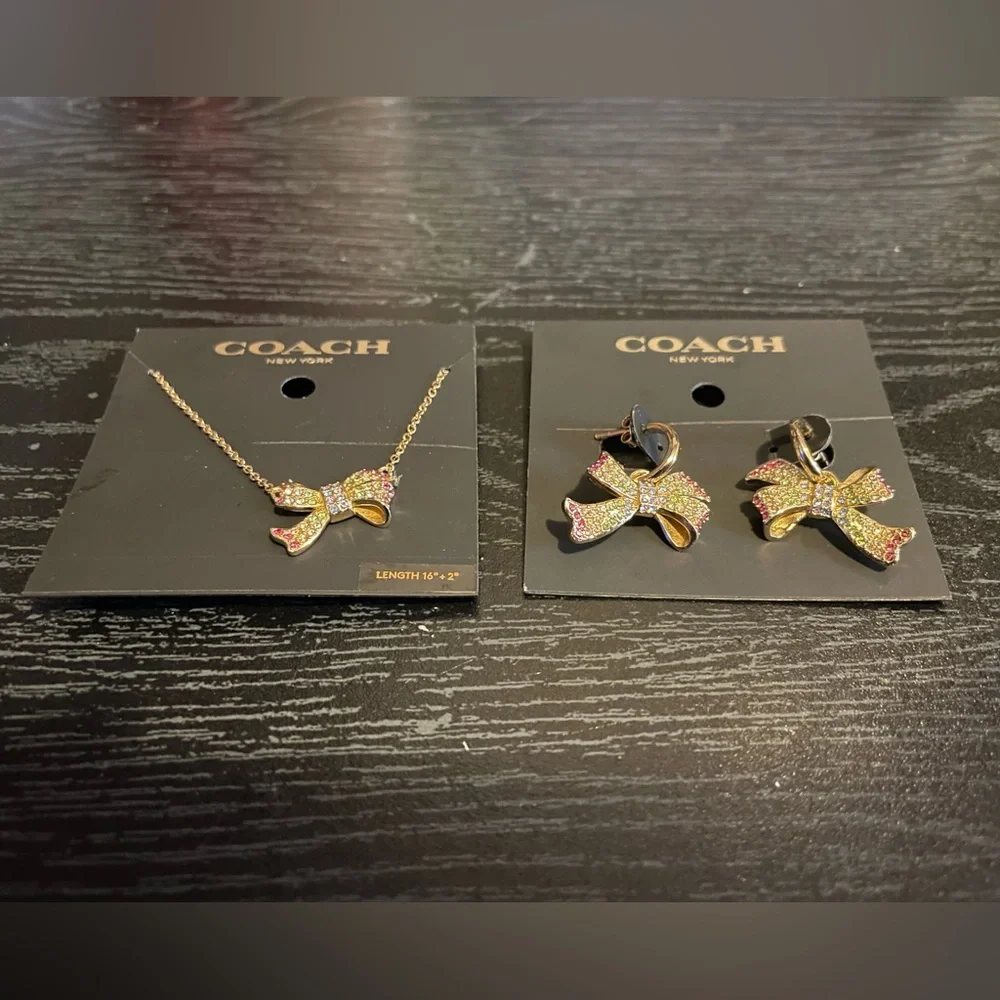 Coach Rainbow Paved Now Tie Pendant Necklace and matching Earring bundle NWT - Picture 2 of 6